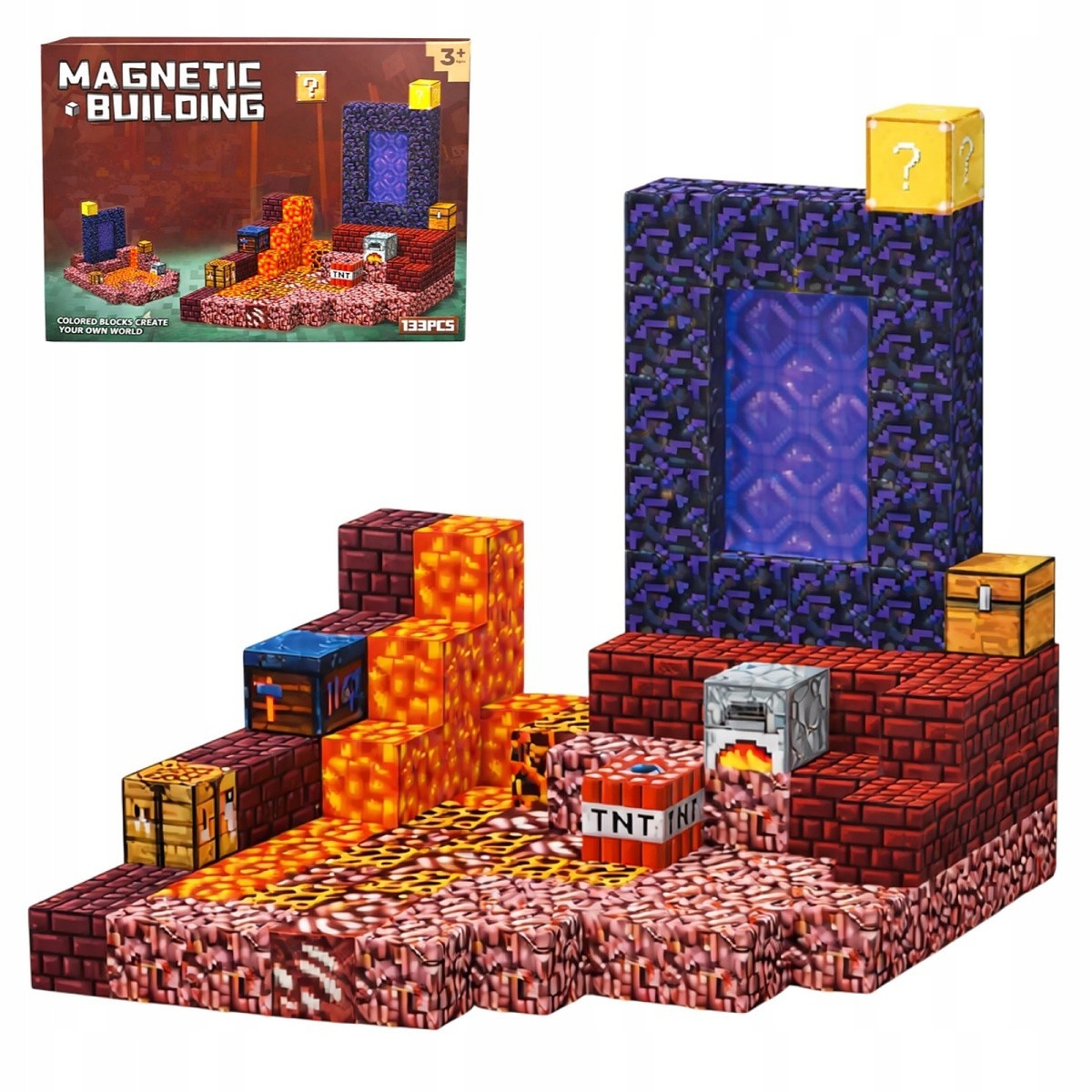 Klocki magnetyczne 3D 133 elementy + 2 figurki - packshot produktu na białym tle - ujęcie 1