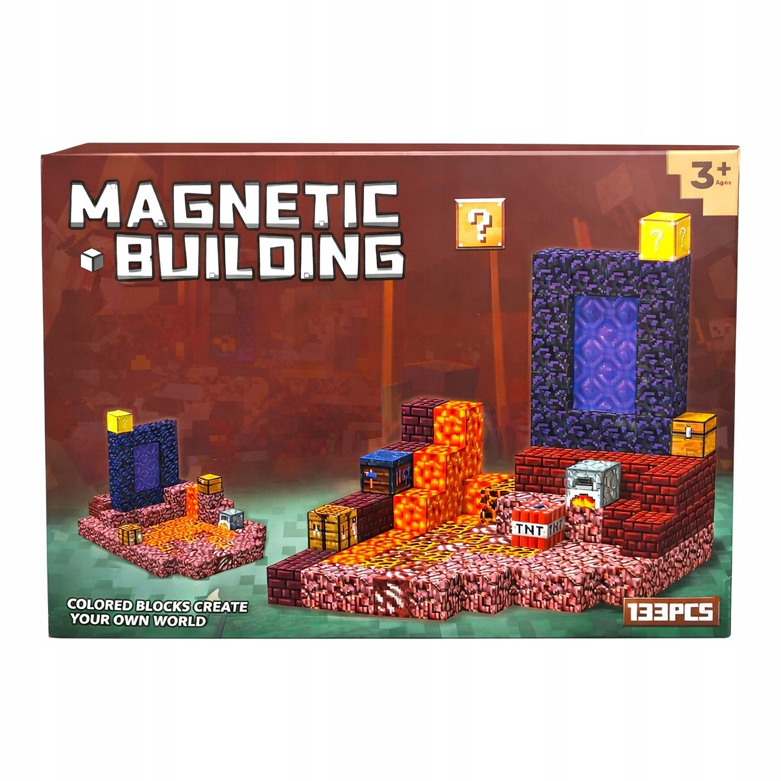 Klocki magnetyczne 3D 133 elementy + 2 figurki - packshot produktu na białym tle - ujęcie 3