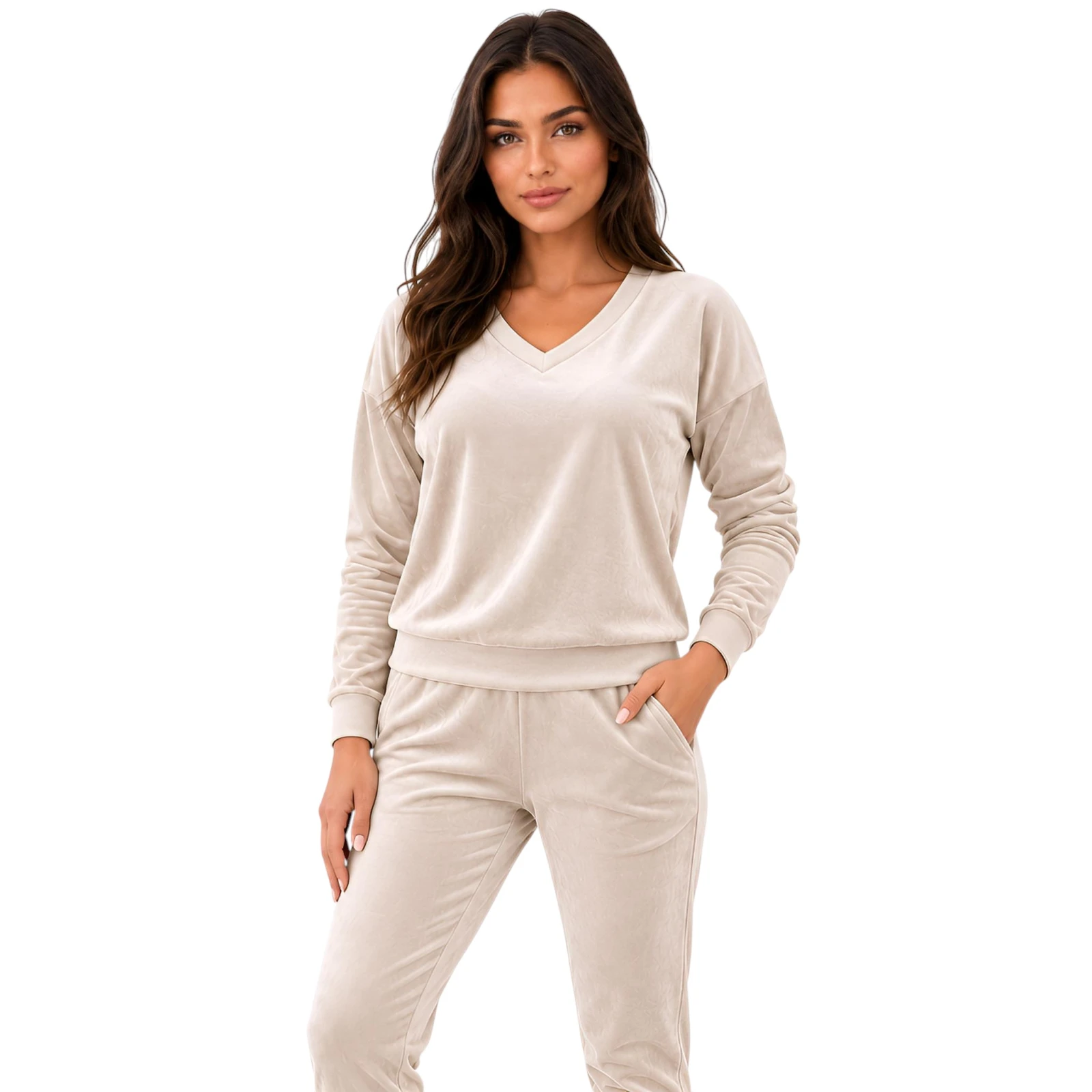 Beżowy komplet dresowy welurowy bluza V-neck + joggery - zdjęcie 1