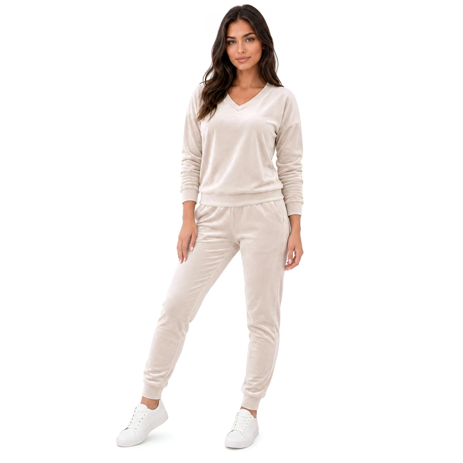 Beżowy komplet dresowy welurowy bluza V-neck + joggery - zdjęcie 2