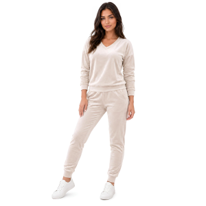 Beżowy komplet dresowy welurowy bluza V-neck + joggery - zdjęcie 2