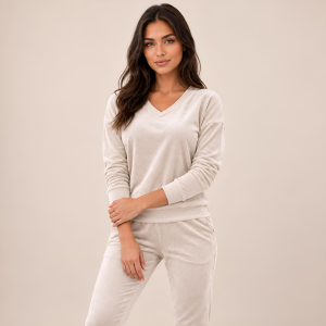 Beżowy komplet dresowy welurowy bluza V-neck + joggery - zdjęcie 3