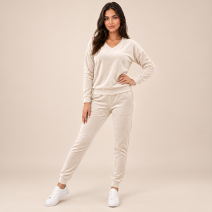 Beżowy komplet dresowy welurowy bluza V-neck + joggery - zdjęcie 4