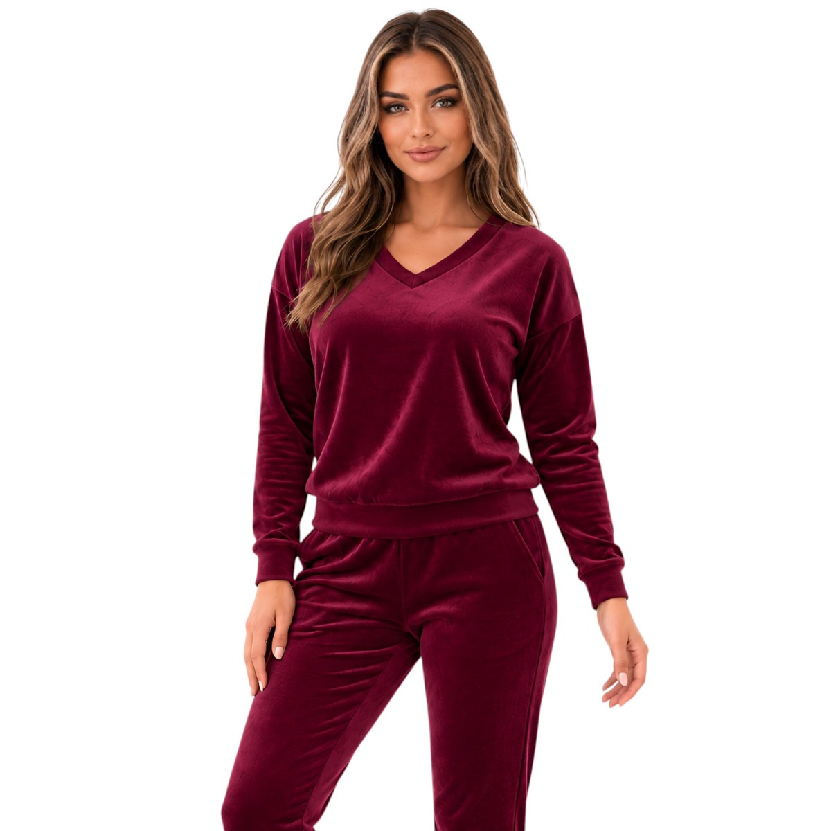Bordowy komplet dresowy welurowy bluza V-neck + joggery - zdjęcie 1