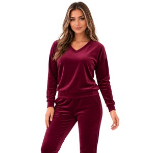 Bordowy komplet dresowy welurowy bluza V-neck + joggery - zdjęcie 1