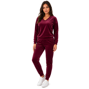 Bordowy komplet dresowy welurowy bluza V-neck + joggery - zdjęcie 2