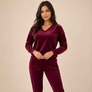 Bordowy komplet dresowy welurowy bluza V-neck + joggery - zdjęcie 3