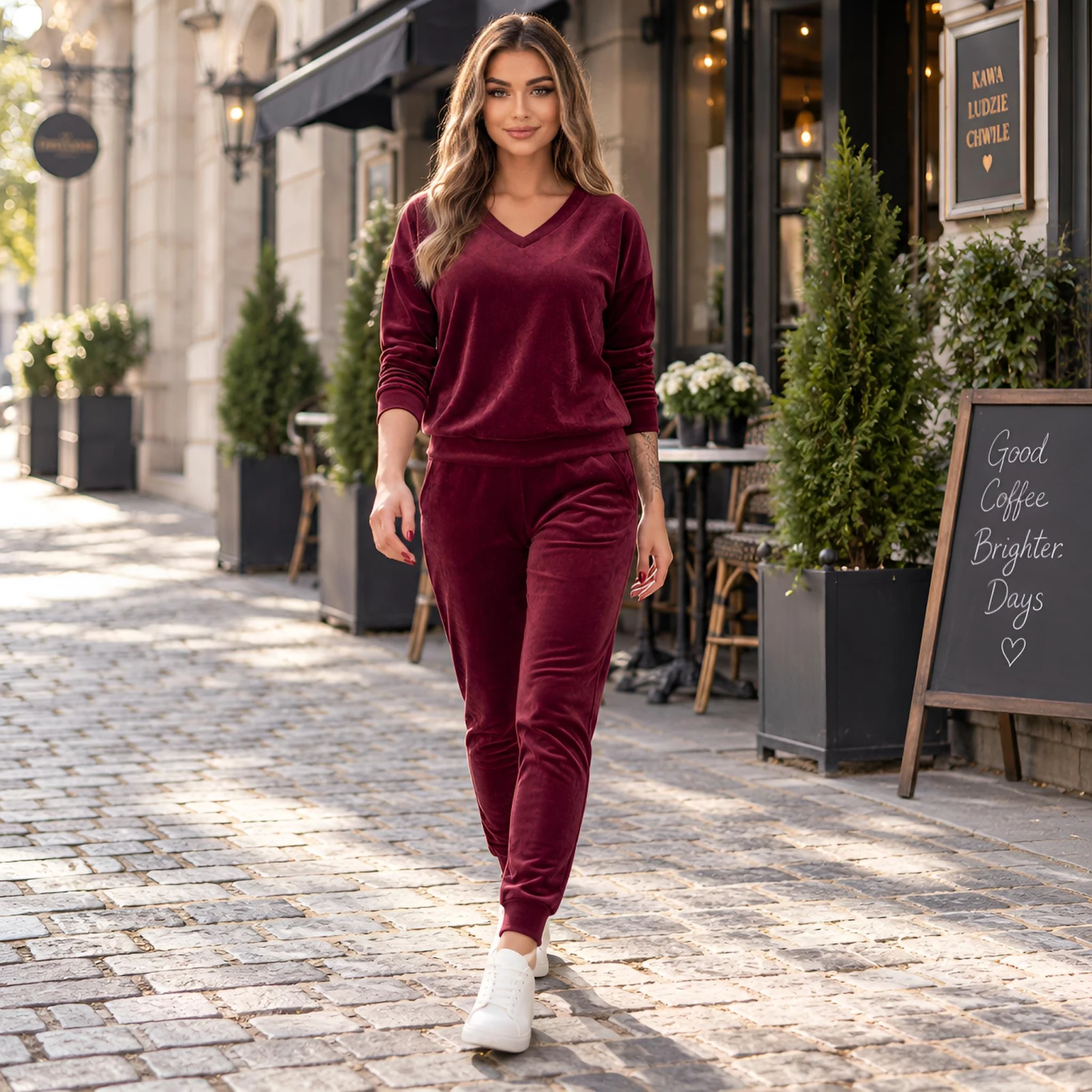 Bordowy komplet dresowy welurowy bluza V-neck + joggery - zdjęcie 6