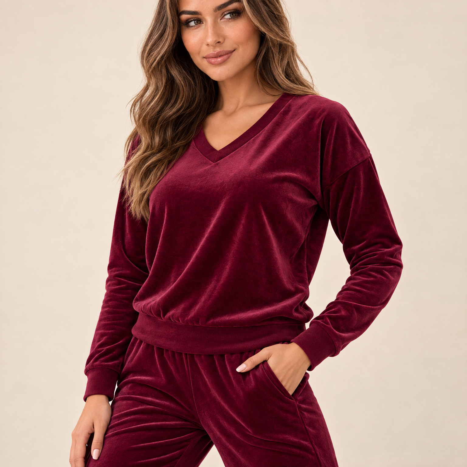 Bordowy komplet dresowy welurowy bluza V-neck + joggery - zdjęcie 7