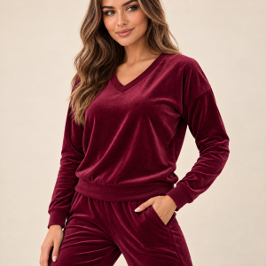 Bordowy komplet dresowy welurowy bluza V-neck + joggery - zdjęcie 7