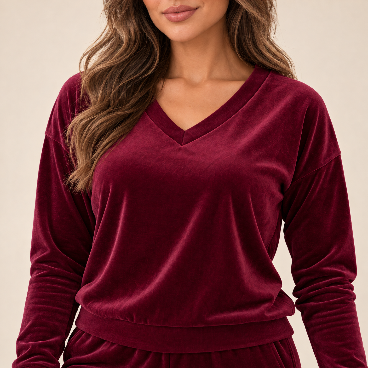 Bordowy komplet dresowy welurowy bluza V-neck + joggery - zdjęcie 8
