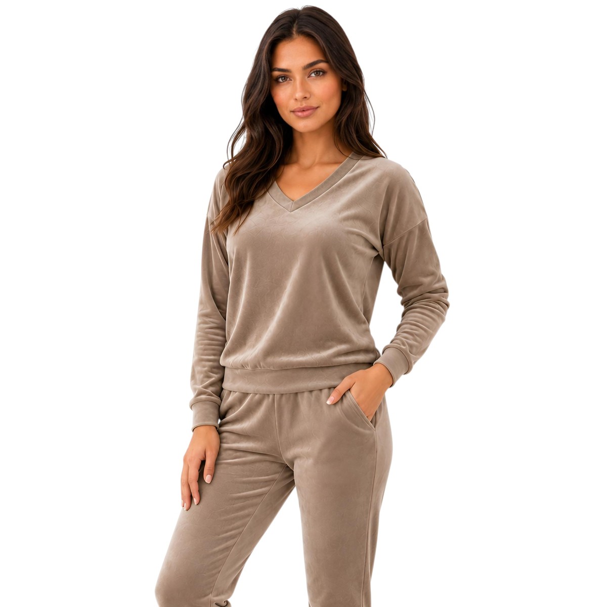 Cappuccino komplet dresowy welurowy bluza V-neck + joggery - zdjęcie 1