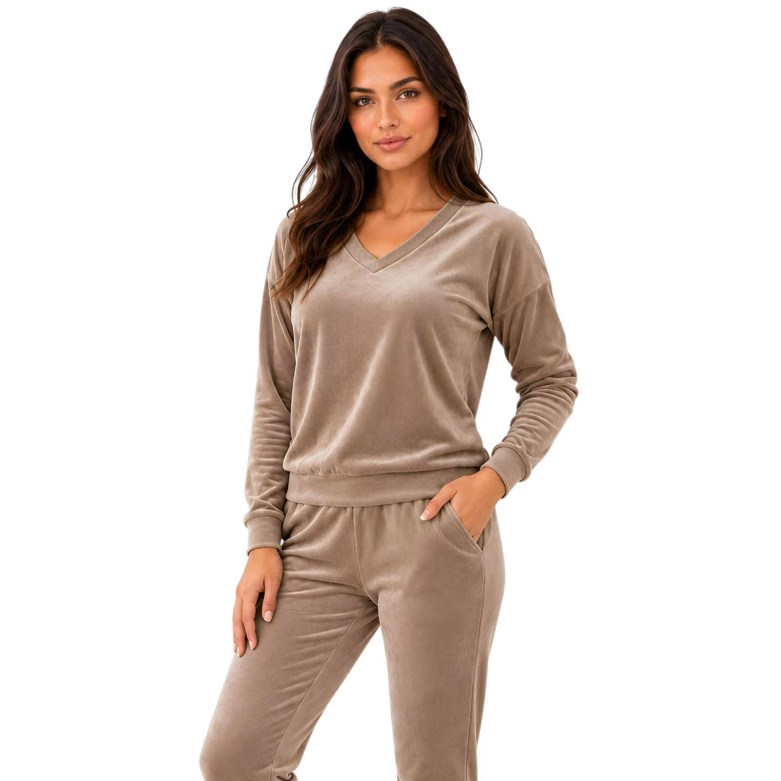 Cappuccino komplet dresowy welurowy bluza V-neck + joggery - zdjęcie 1