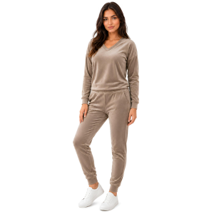 Cappuccino komplet dresowy welurowy bluza V-neck + joggery - zdjęcie 2