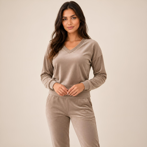 Cappuccino komplet dresowy welurowy bluza V-neck + joggery - zdjęcie 3
