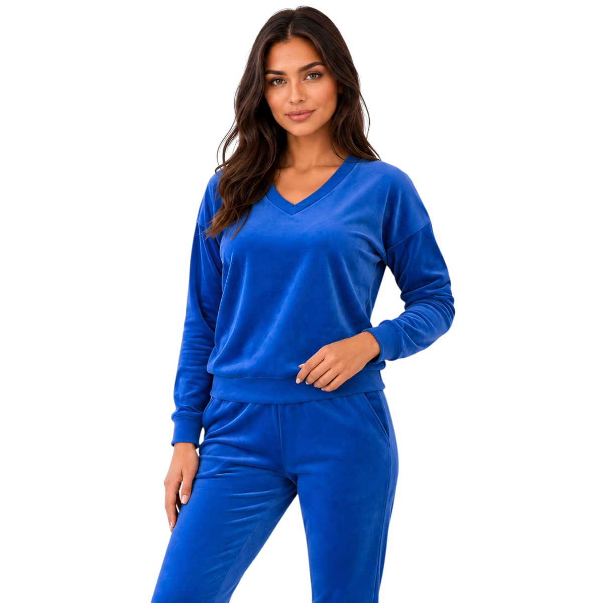 Chabrowy komplet dresowy welurowy bluza V-neck + joggery - zdjęcie 1