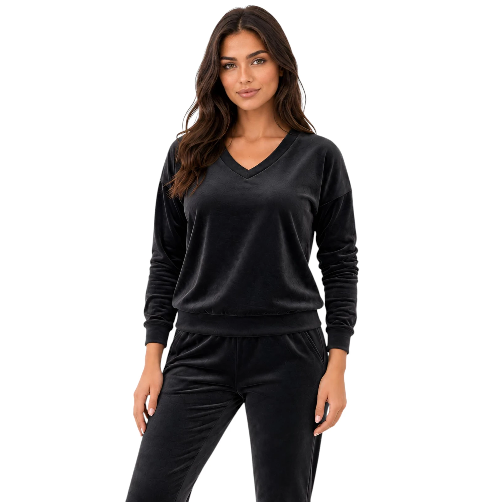 Czarny komplet dresowy welurowy bluza V-neck + joggery - zdjęcie 1