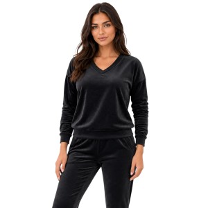 Czarny komplet dresowy welurowy bluza V-neck + joggery - zdjęcie 1