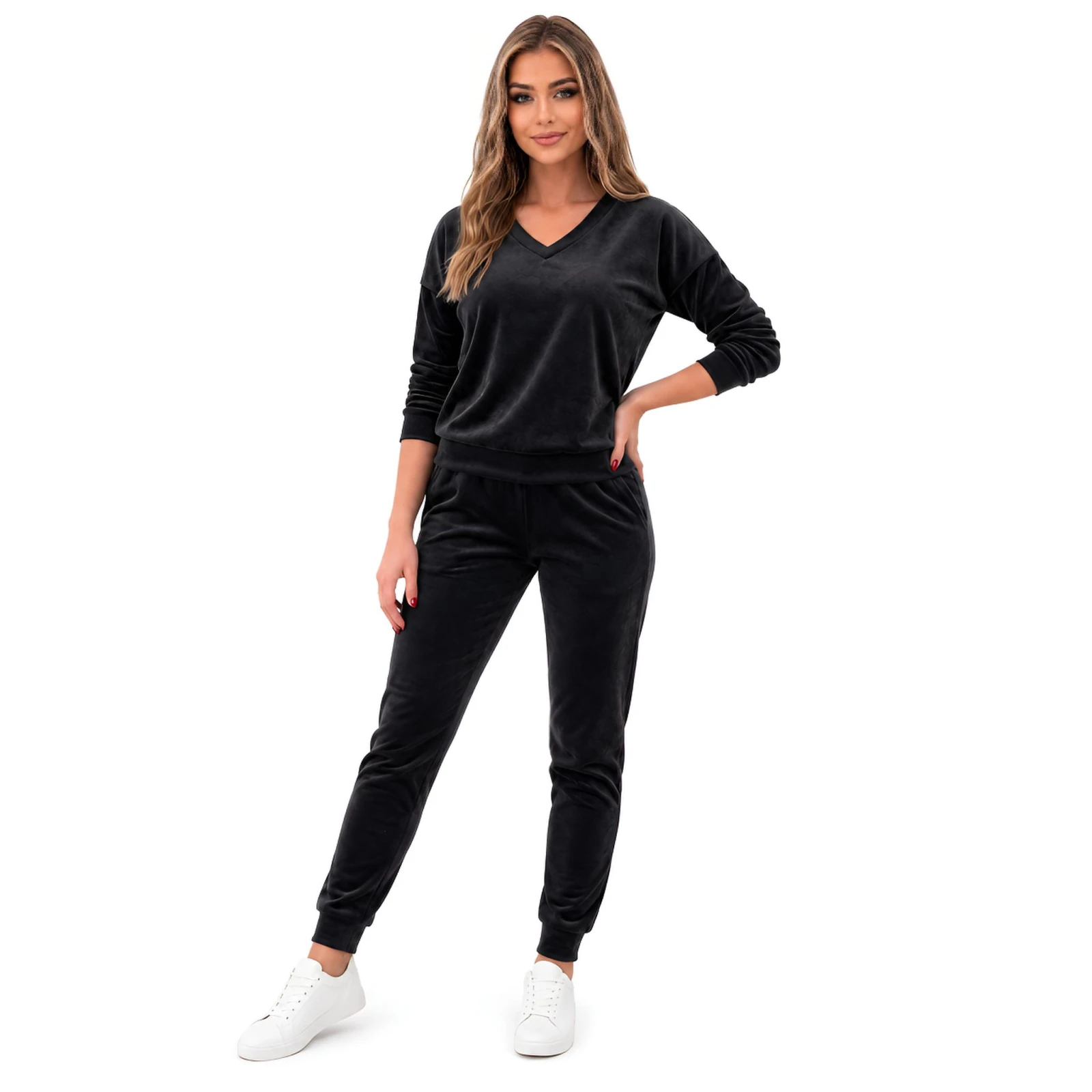 Czarny komplet dresowy welurowy bluza V-neck + joggery - zdjęcie 2