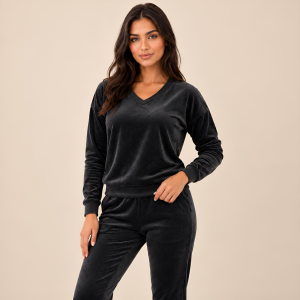 Czarny komplet dresowy welurowy bluza V-neck + joggery - zdjęcie 3
