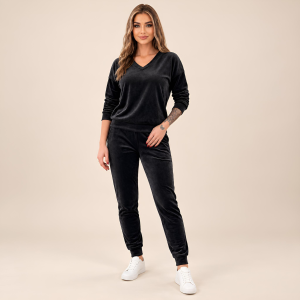Czarny komplet dresowy welurowy bluza V-neck + joggery - zdjęcie 4