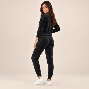 Czarny komplet dresowy welurowy bluza V-neck + joggery - zdjęcie 5