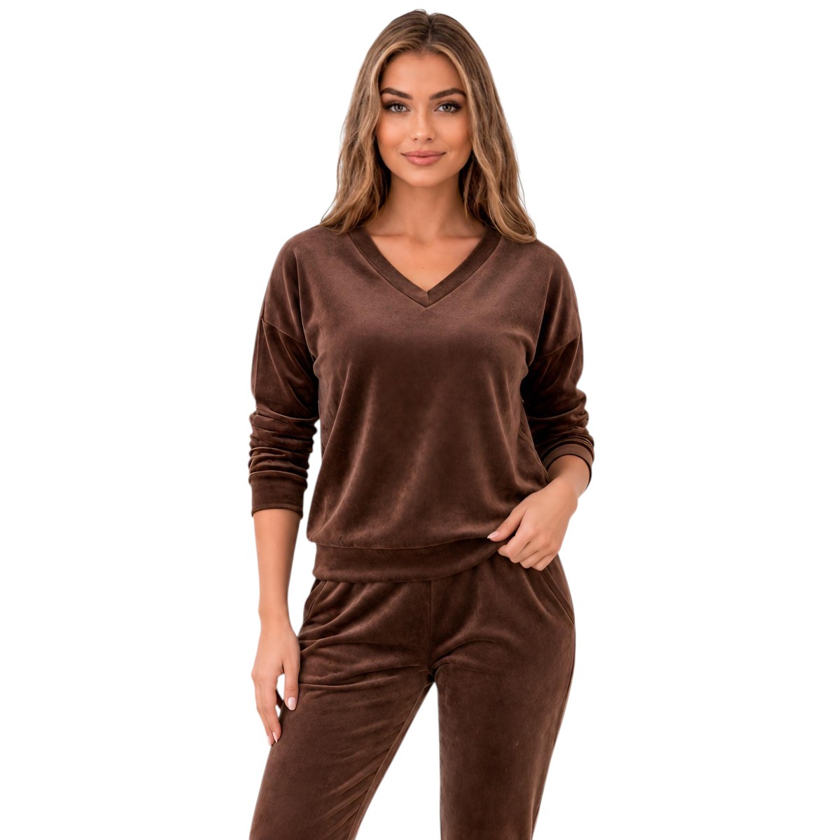 Czekoladowy komplet dresowy welurowy bluza V-neck + joggery - zdjęcie 1