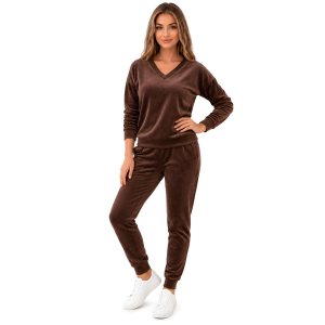 Czekoladowy komplet dresowy welurowy bluza V-neck + joggery - zdjęcie 2