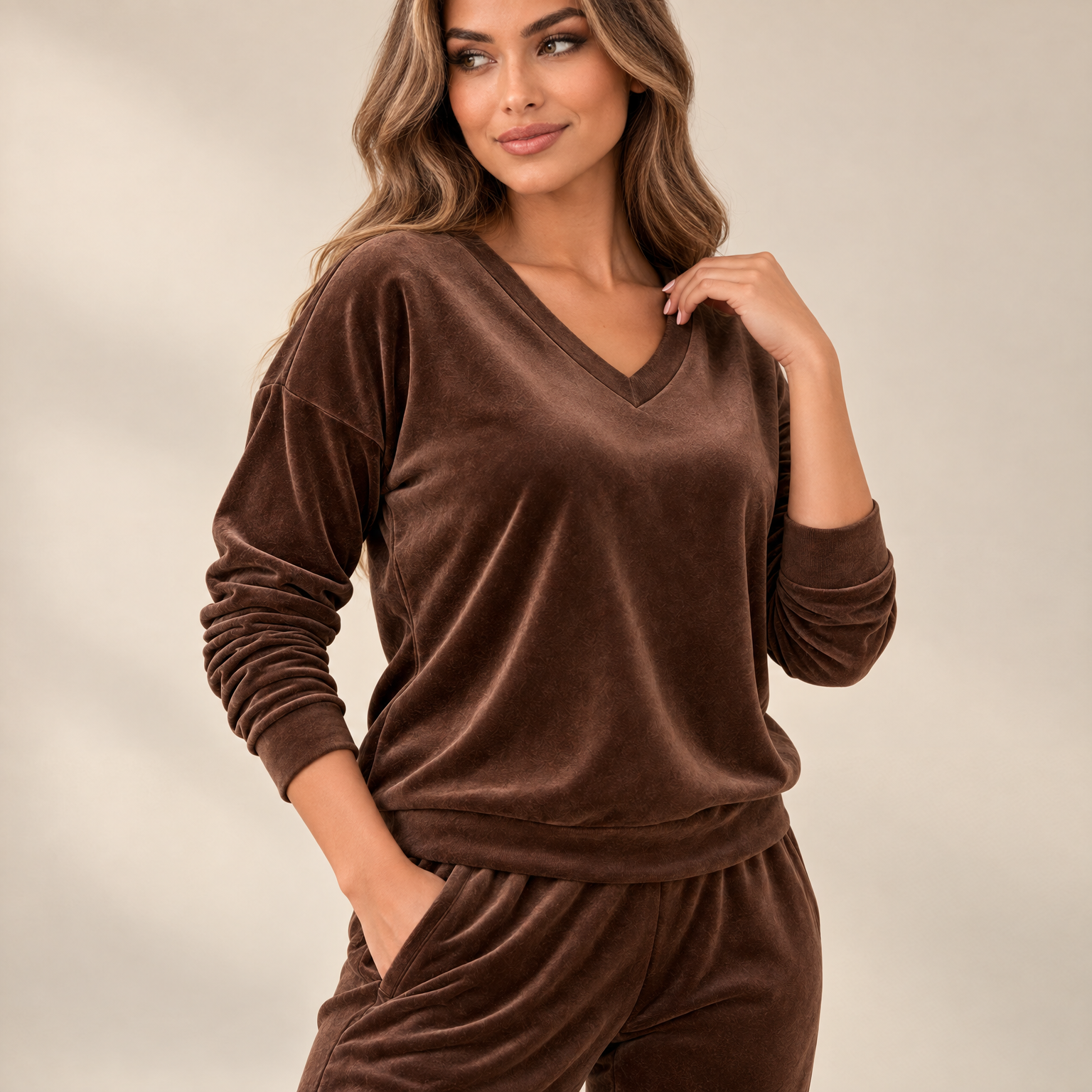Czekoladowy komplet dresowy welurowy bluza V-neck + joggery - zdjęcie 7