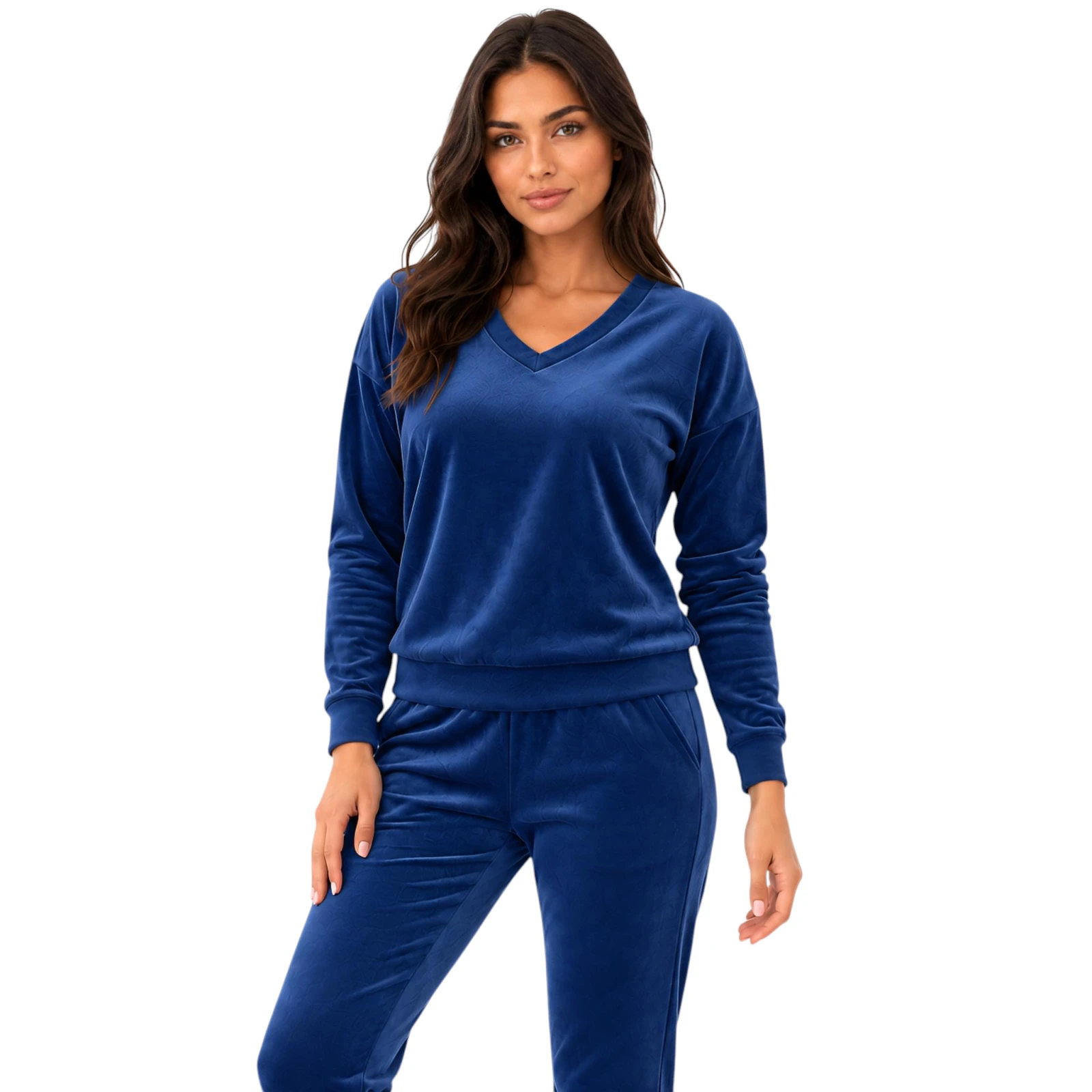 Granatowy komplet dresowy welurowy bluza V-neck + joggery - zdjęcie 1