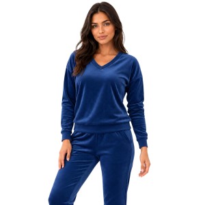 Granatowy komplet dresowy welurowy bluza V-neck + joggery - zdjęcie 1