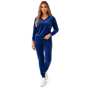 Granatowy komplet dresowy welurowy bluza V-neck + joggery - zdjęcie 2