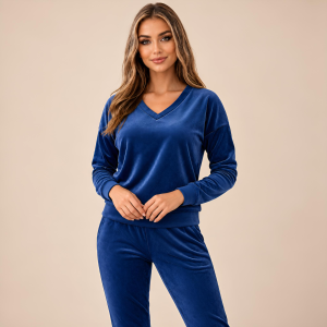 Granatowy komplet dresowy welurowy bluza V-neck + joggery - zdjęcie 3