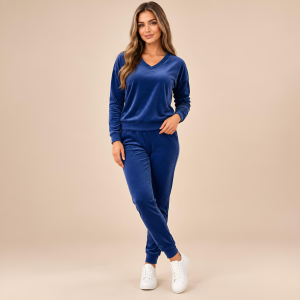 Granatowy komplet dresowy welurowy bluza V-neck + joggery - zdjęcie 4