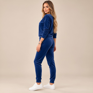 Granatowy komplet dresowy welurowy bluza V-neck + joggery - zdjęcie 5