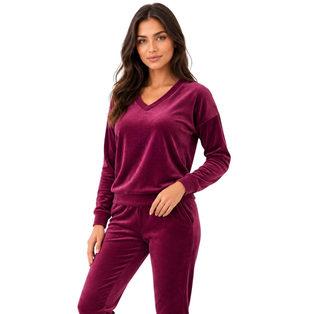 Różowy komplet dresowy welurowy bluza V-neck + joggery - zdjęcie 1