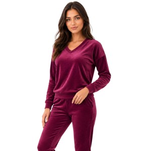 Różowy komplet dresowy welurowy bluza V-neck + joggery - zdjęcie 1