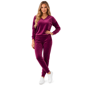 Różowy komplet dresowy welurowy bluza V-neck + joggery - zdjęcie 2