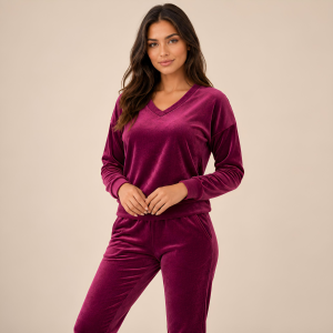 Różowy komplet dresowy welurowy bluza V-neck + joggery - zdjęcie 3