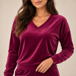 Różowy komplet dresowy welurowy bluza V-neck + joggery - zdjęcie 8