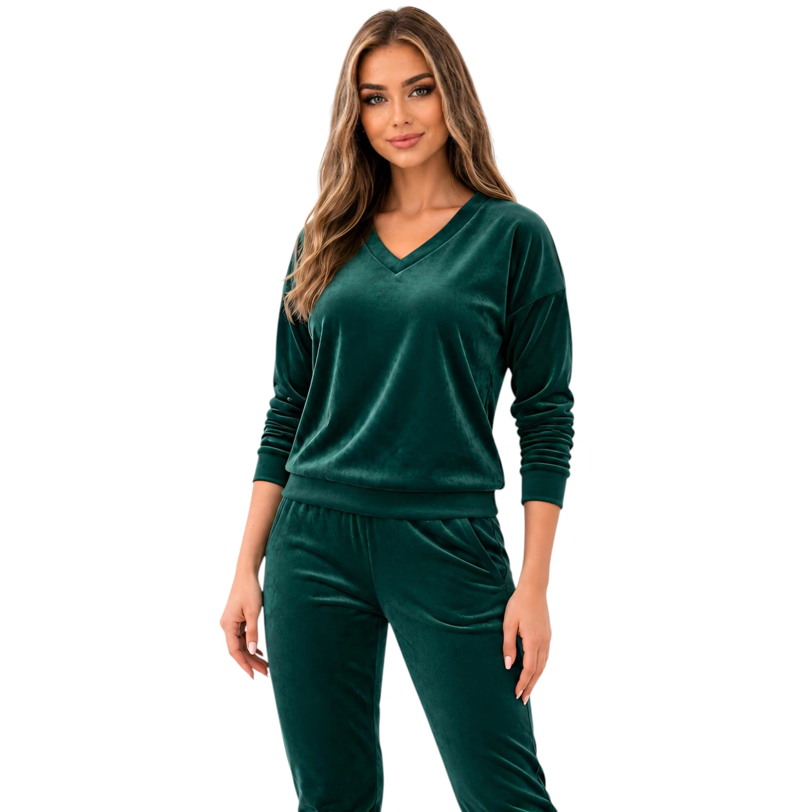 Zielony komplet dresowy welurowy bluza V-neck + joggery - zdjęcie 1