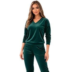 Zielony komplet dresowy welurowy bluza V-neck + joggery - zdjęcie 1