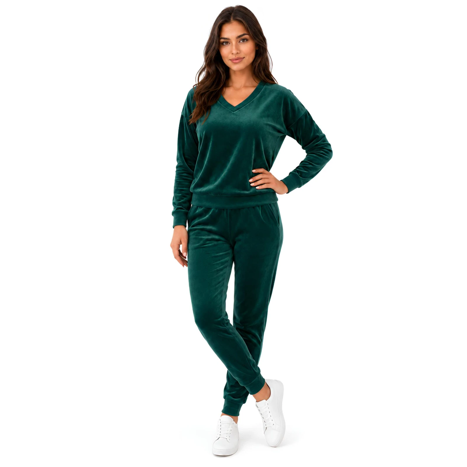 Zielony komplet dresowy welurowy bluza V-neck + joggery - zdjęcie 2