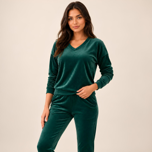 Zielony komplet dresowy welurowy bluza V-neck + joggery - zdjęcie 3