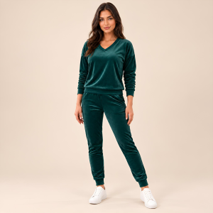 Zielony komplet dresowy welurowy bluza V-neck + joggery - zdjęcie 4
