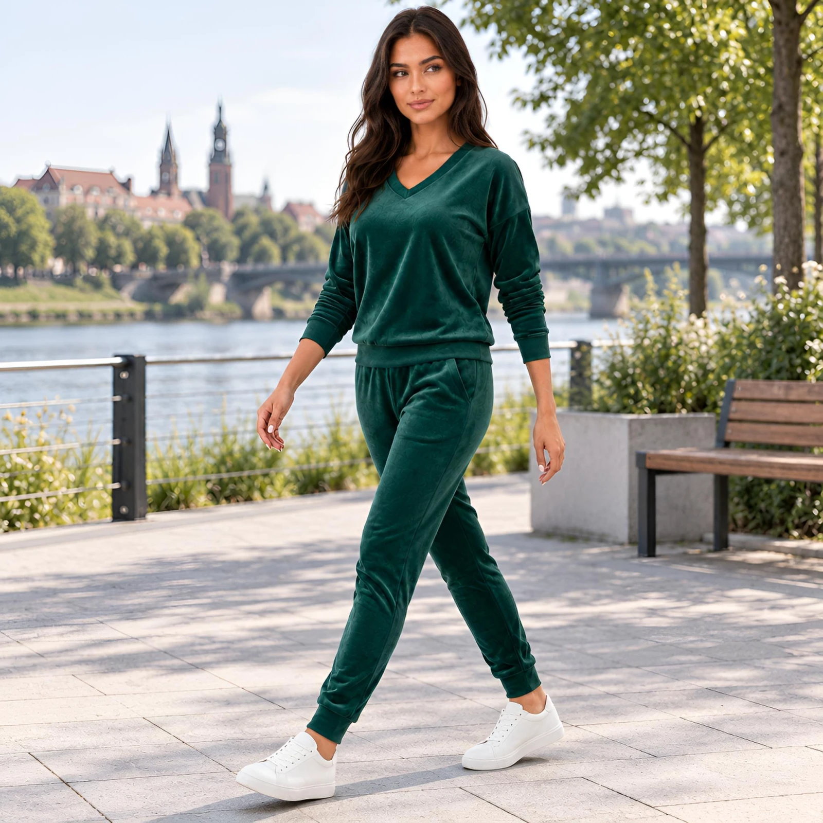 Zielony komplet dresowy welurowy bluza V-neck + joggery - zdjęcie 6