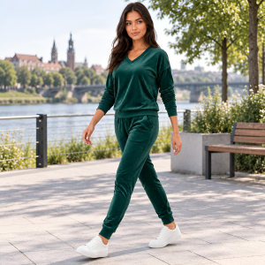 Zielony komplet dresowy welurowy bluza V-neck + joggery - zdjęcie 6