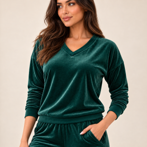 Zielony komplet dresowy welurowy bluza V-neck + joggery - zdjęcie 7