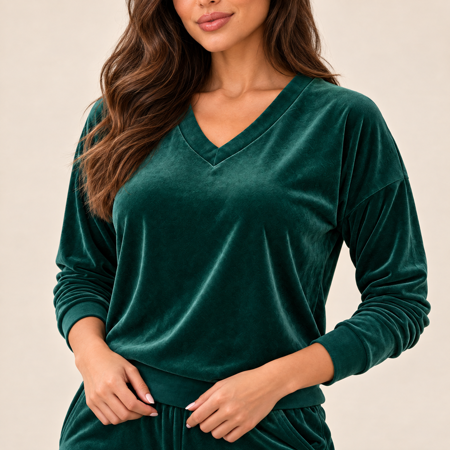 Zielony komplet dresowy welurowy bluza V-neck + joggery - zdjęcie 8