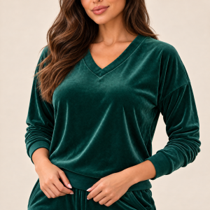Zielony komplet dresowy welurowy bluza V-neck + joggery - zdjęcie 8